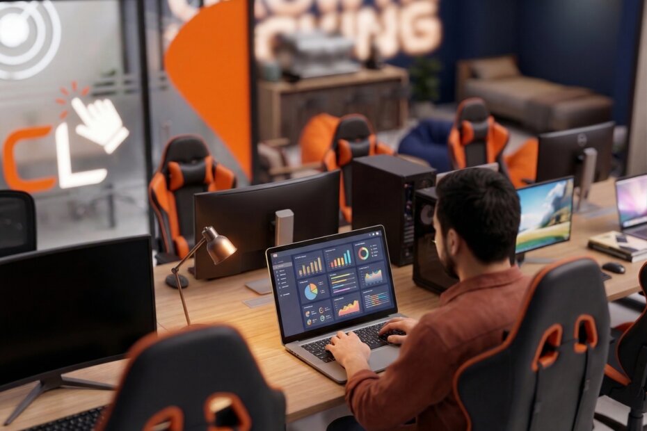 A professional analyzing data dashboards on a laptop in a modern growth-focused studio, representing affordable lead generation services for SMEs.