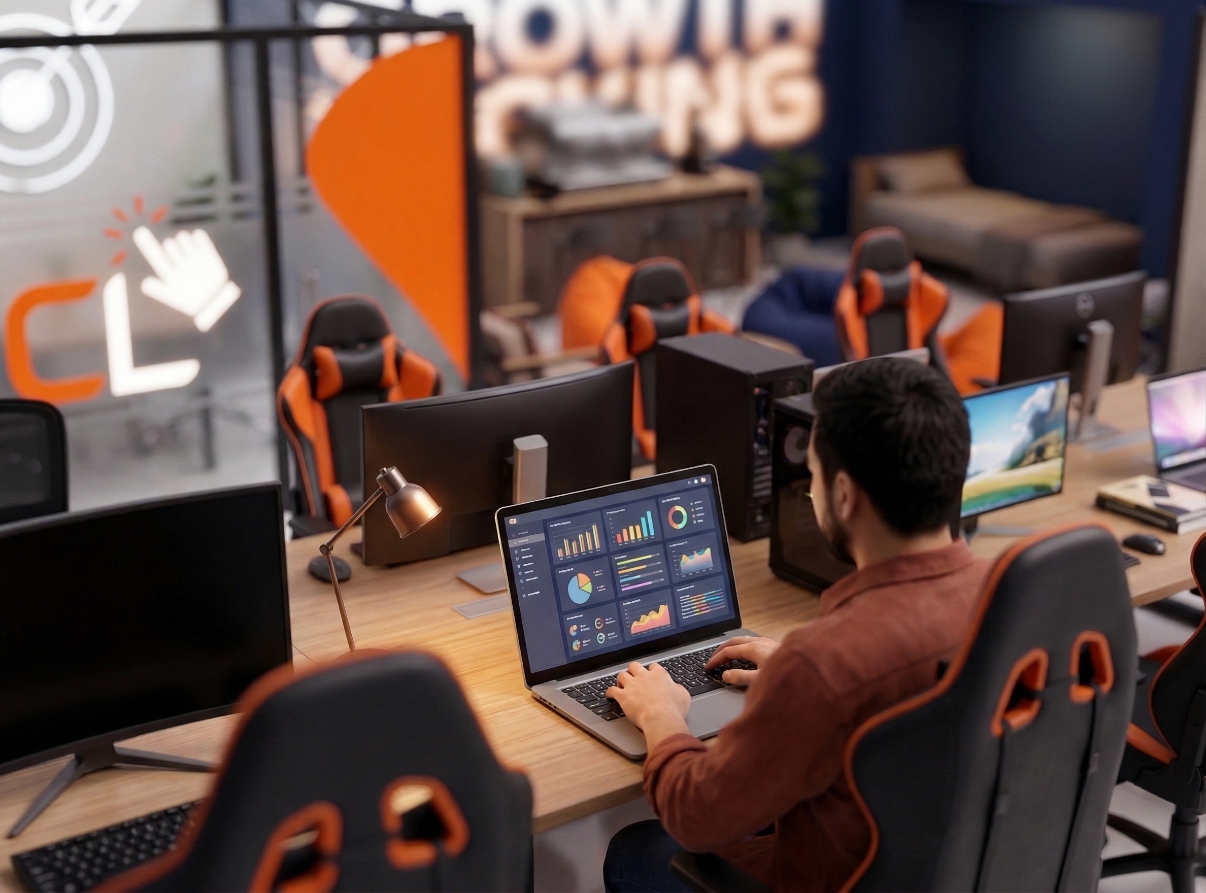 A professional analyzing data dashboards on a laptop in a modern growth-focused studio, representing affordable lead generation services for SMEs.