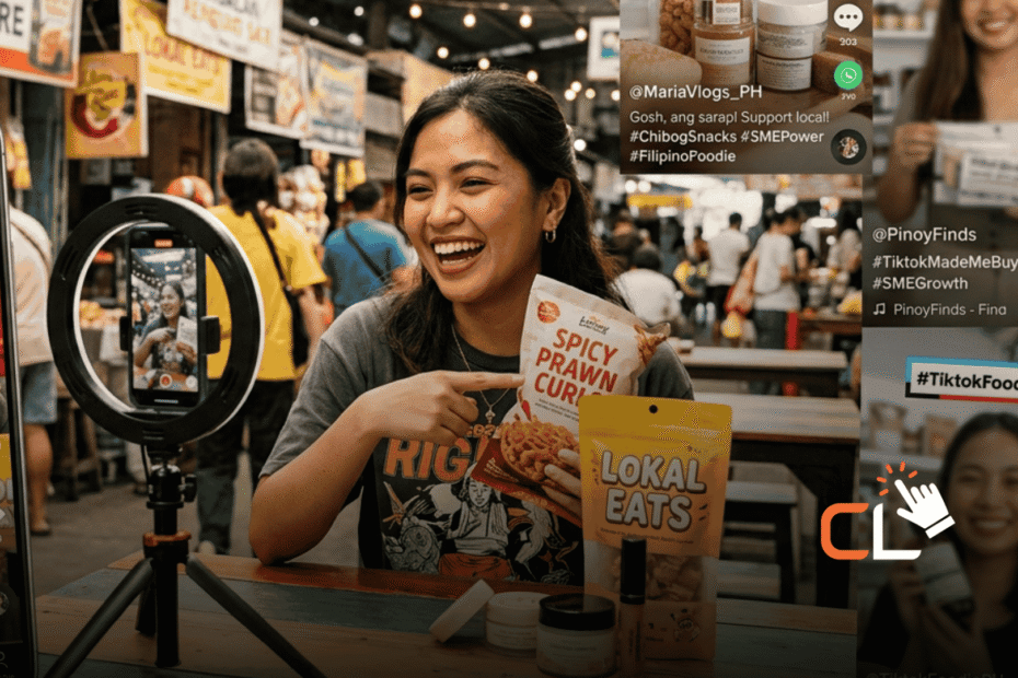 Filipina vlogger creating a viral food review video with social media overlays, highlighting strategies for influencer marketing for SMEs."