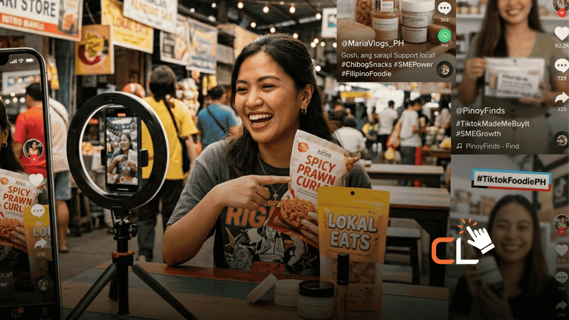 Filipina vlogger creating a viral food review video with social media overlays, highlighting strategies for influencer marketing for SMEs."